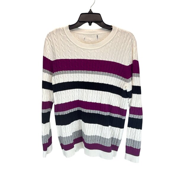 Women's Cable Knit Sweater Stripe Crewneck Long Sleeve Purple Gray Black White L - Picture 1 of 7